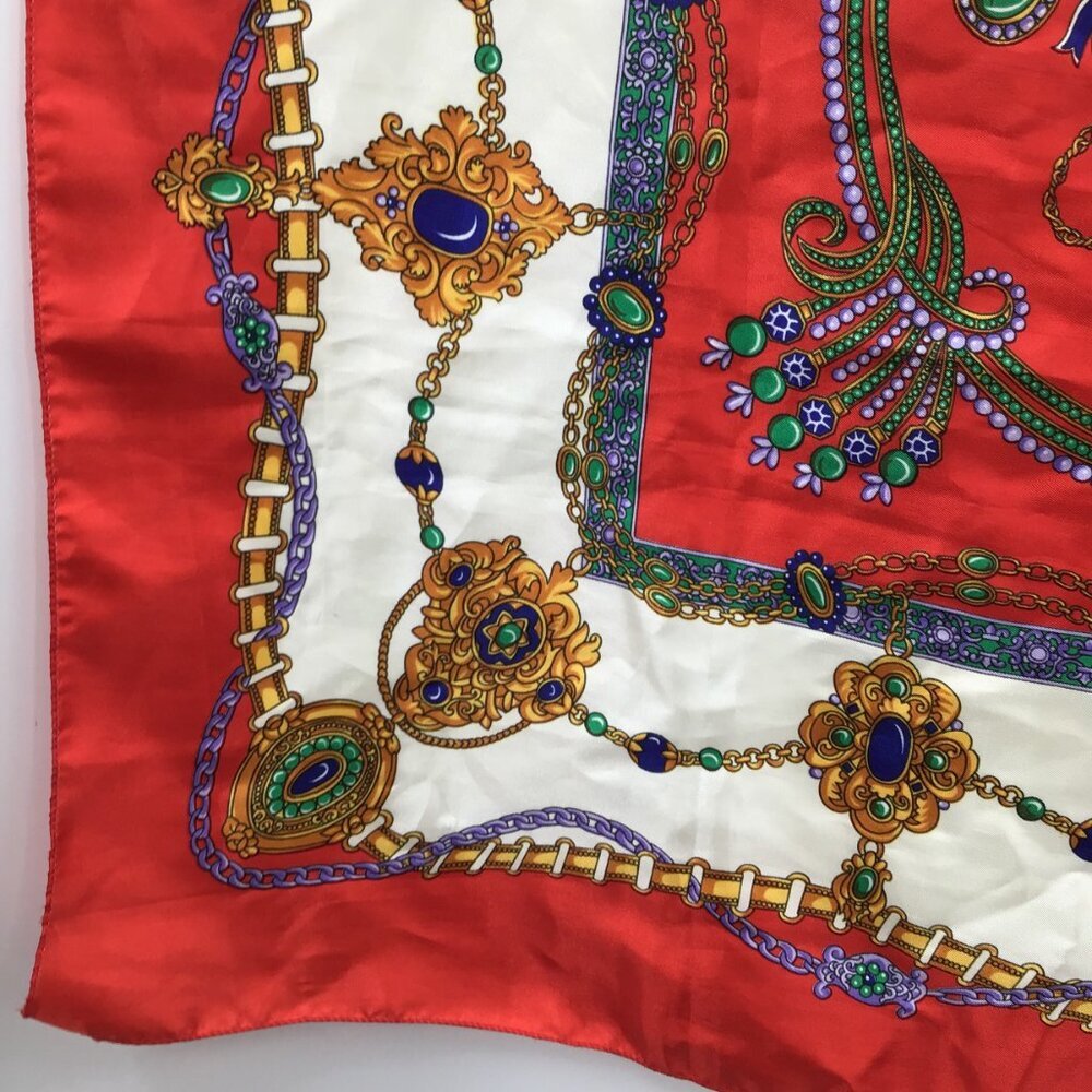 Women's Colorful Vintage Large Square Scarf Jewels Christmas Colors Retro 1980s - Picture 11 of 14